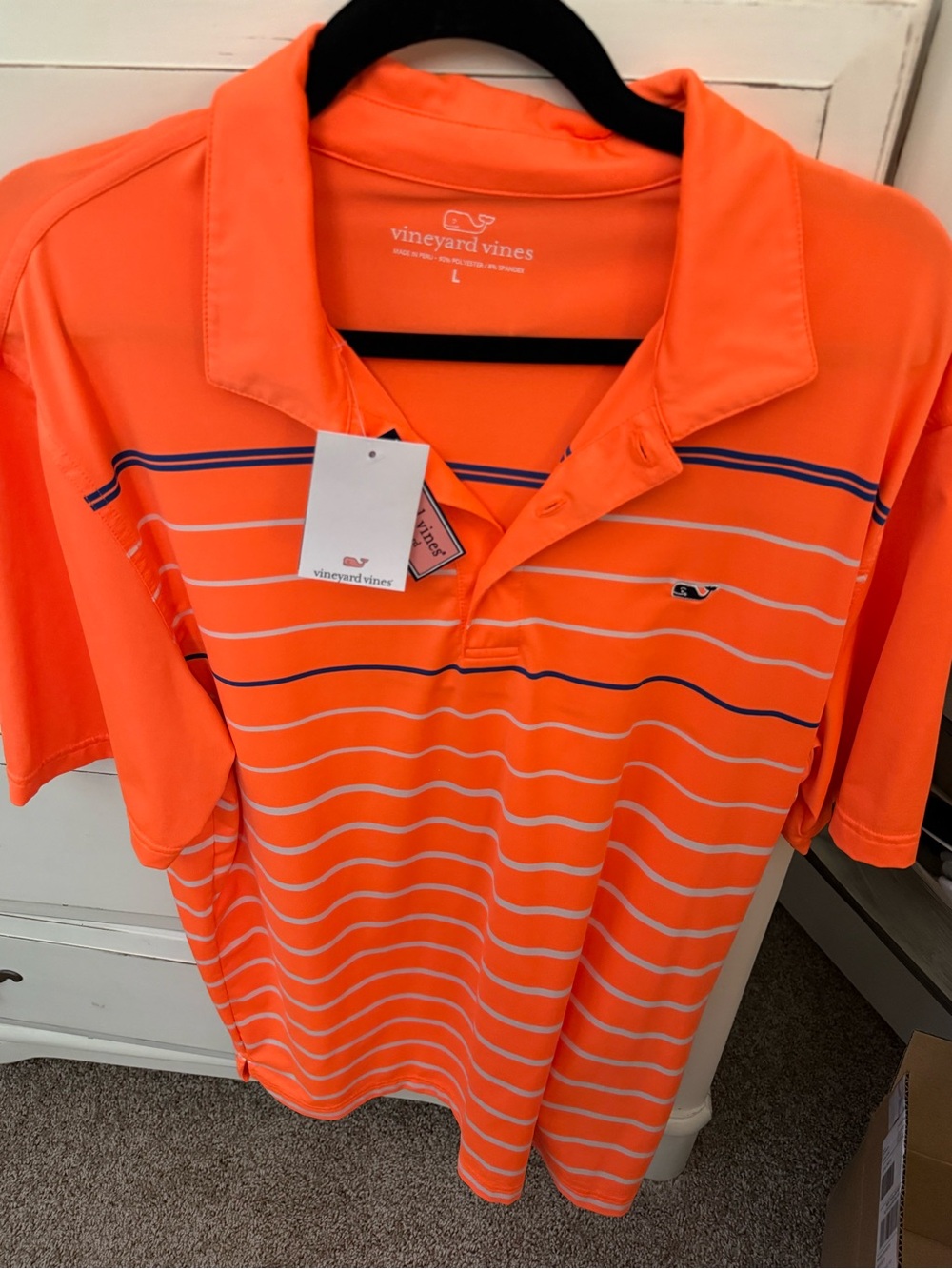 Vineyard Vines Neon Orange Polo with Navy & White Stripes New